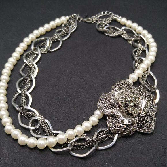 New York & Company Faux Pearl Side Rhinestone Pendant Necklace - Picture 6 of 7